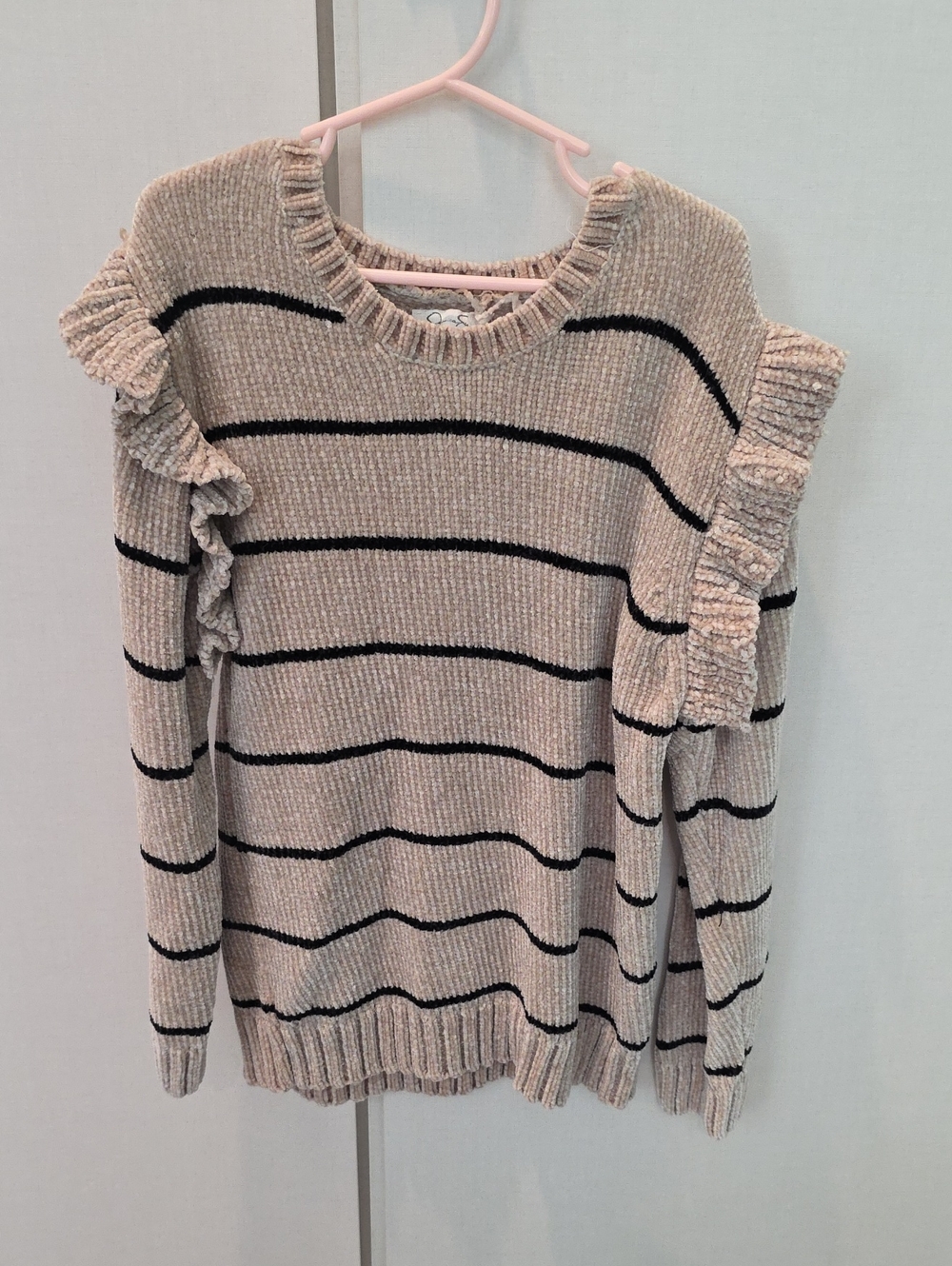 Jessica Simpson Beige Sweater with Black Stripes and Shoulder Ruffles
